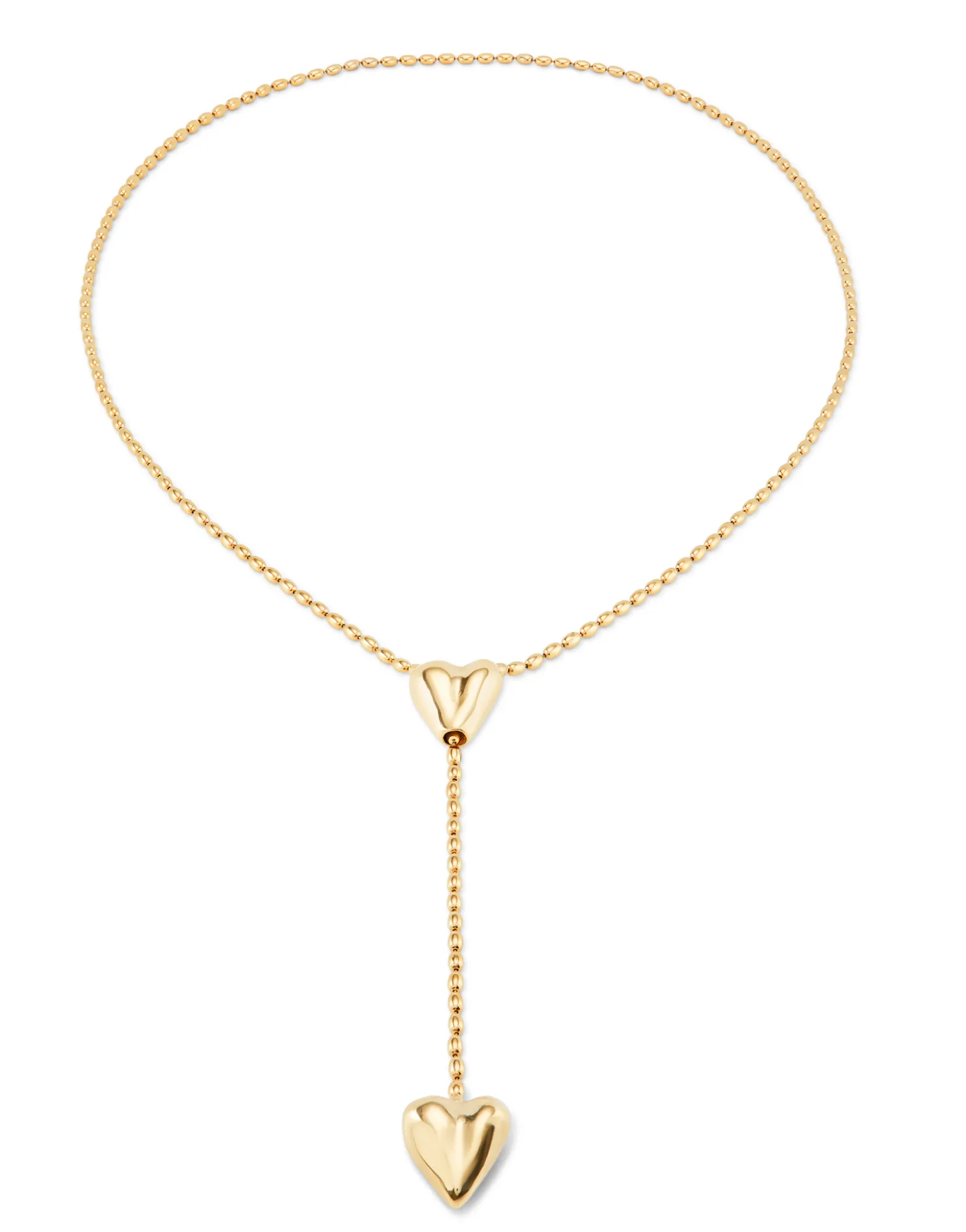 Cadena bañada en oro 18k con dos corazones, uno ajustable en el centro.
