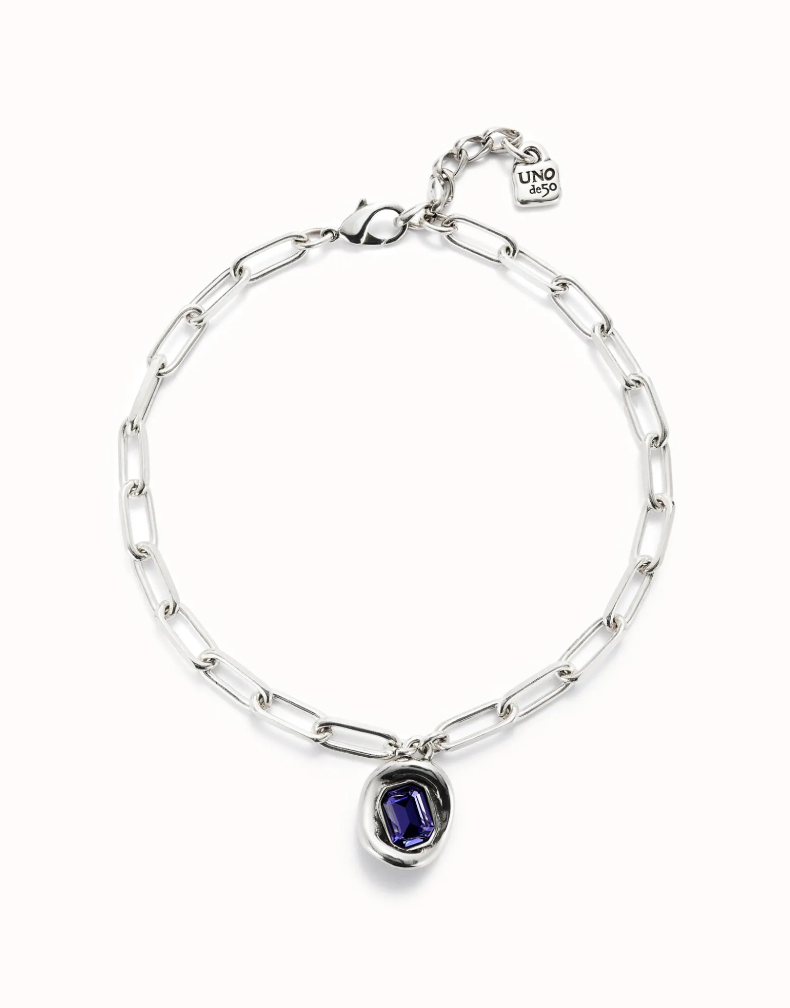 Cadena bañada en plata de ley con eslabones y cristal morado