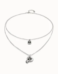 Colgante bañado en plata de ley con doble cadena y corazones con cristal negro