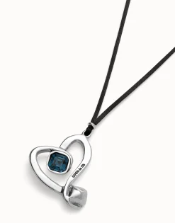 Colgante largo de cordón efecto seda y corazón central con cristal azul