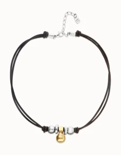 Collar de cuero con tres esferas bañadas en mix de plata y oro 18k