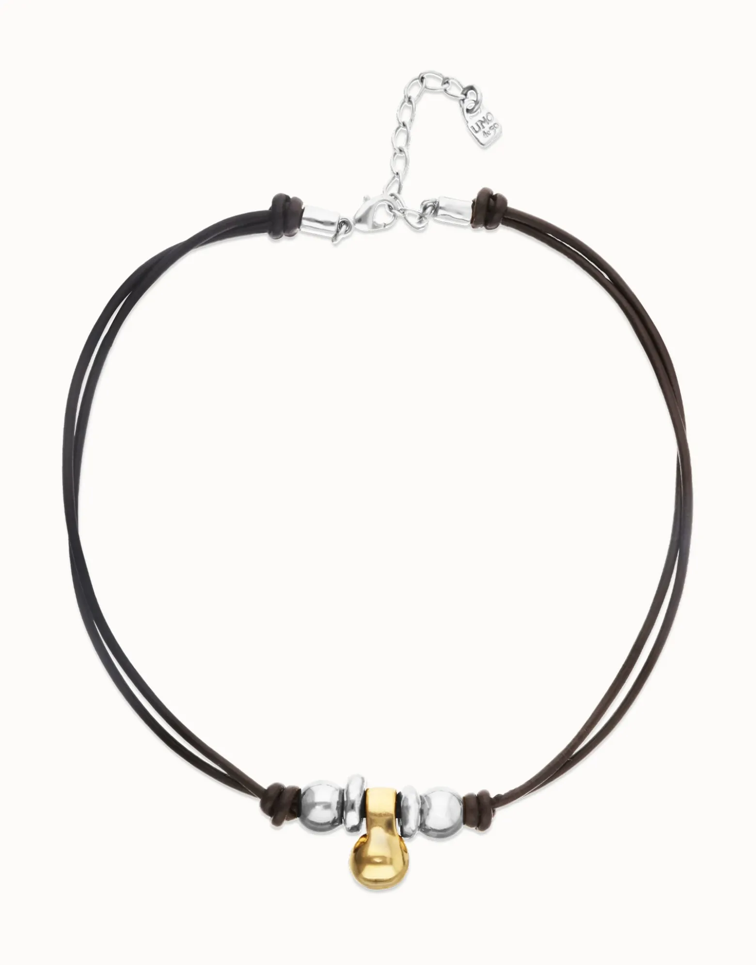 Collar de cuero con tres esferas bañadas en mix de plata y oro 18k