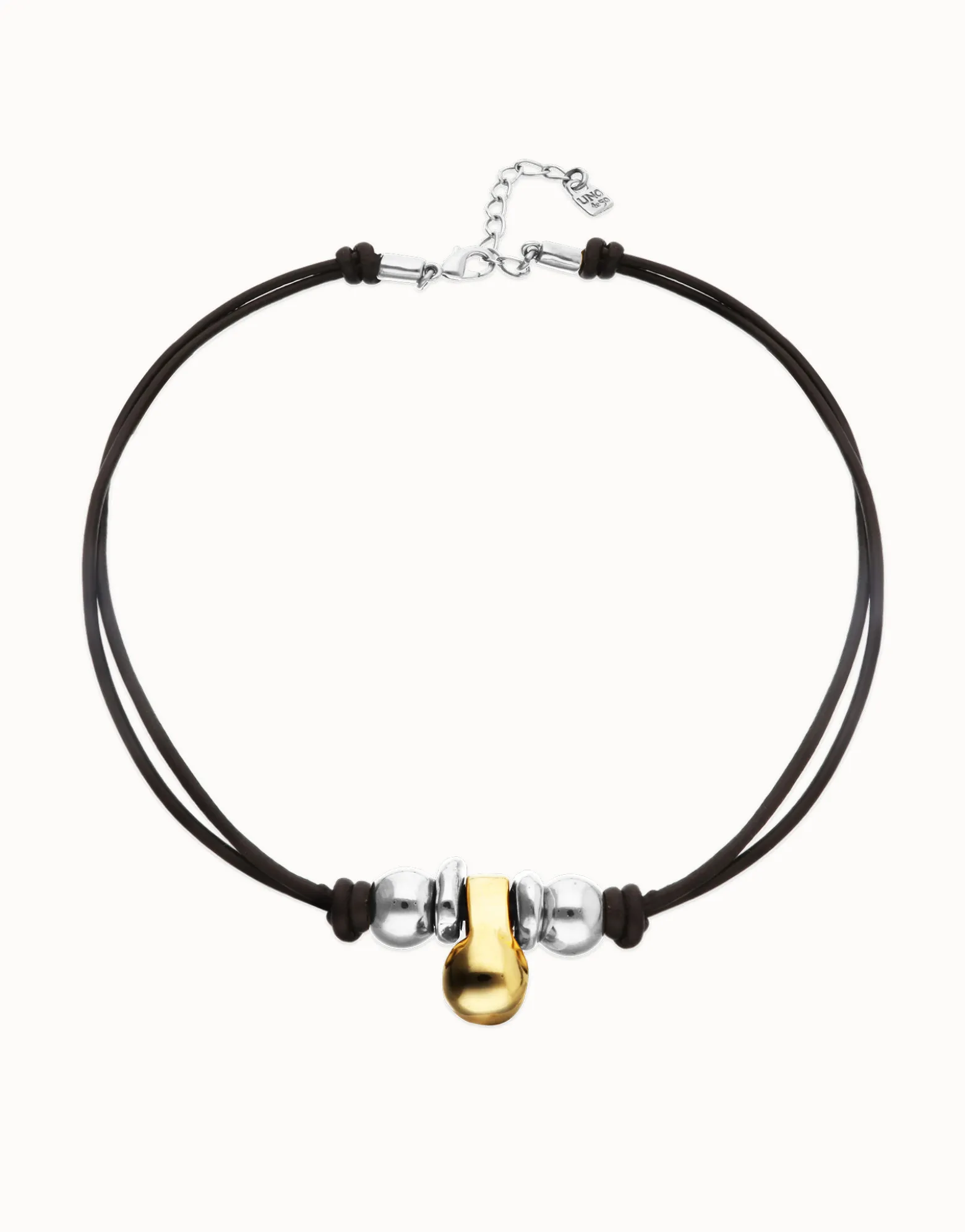 Collar de cuero con tres esferas bañadas en mix de plata y oro 18k