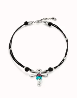 Collar de cuero y libélula bañado en plata de ley con cristales