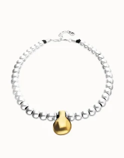 Collar de esferas medianas bañadas en plata de ley y esfera grande en oro 18k