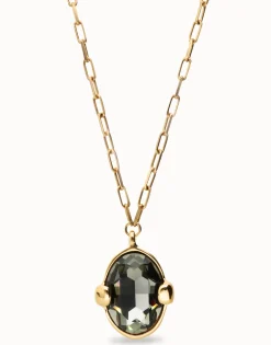 Collar largo bañado en oro 18k con cristal facetado ovalado gris
