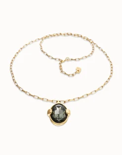 Collar largo bañado en oro 18k con cristal facetado ovalado gris