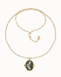 Collar largo bañado en oro 18k con cristal facetado ovalado gris