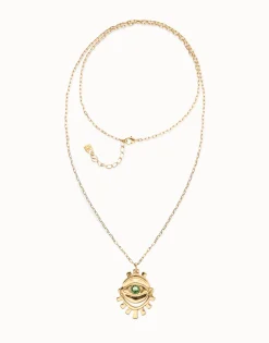 Collar largo bañado en oro 18k con detalle de ojo y cristal facetado verde