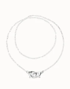 Collar largo bañado en plata con mosquetón entrelazado