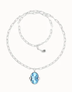 Collar largo bañado en plata con cristal facetado ovalado azul grande
