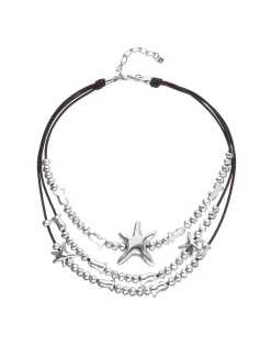 Collar multicadena en cuero bañado en plata y estrella de mar