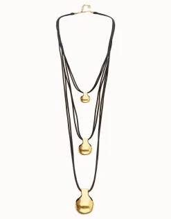 Collar triple de cuero con tres esferas bañadas en oro 18k