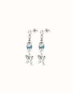 Pendientes bañados en plata de ley con cristal azul y mariposa