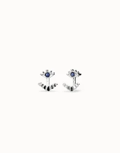 Pendientes bañados en plata en forma de ojo con pestañas y cristal facetado azul