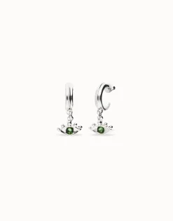 Pendientes de aro bañados en plata de ley con forma ojo y cristal facetado verde