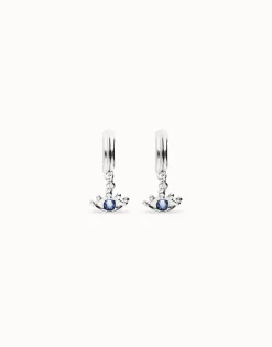 Pendientes de aro bañados en plata de ley con forma ojo y cristal facetado azul