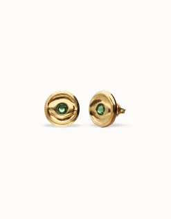 Pendientes de botón bañados en oro 18k con cristal facetado verde