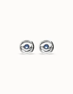Pendientes de botón bañados en plata con cristal facetado azul