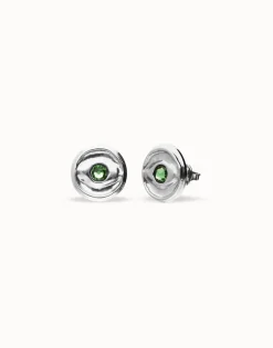 Pendientes de botón bañados en plata con cristal facetado verde