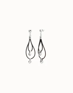 Pendientes de cuero largo doble con detalle de esfera bañada en plata de ley