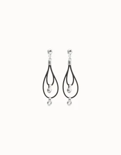 Pendientes de cuero largo doble con detalle de esfera bañada en plata de ley