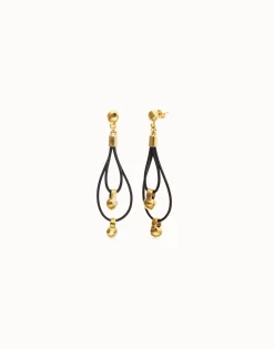 Pendientes de cuero largo doble con detalle de esfera bañado en oro 18k