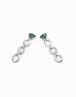 Pendientes largos con eslabones y cristal verde triangular