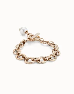 Pulsera bañada en oro 18k con eslabones y charm de perla