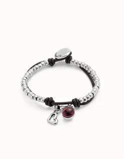 Pulsera bañada en plata de ley con cuero y cristal morado
