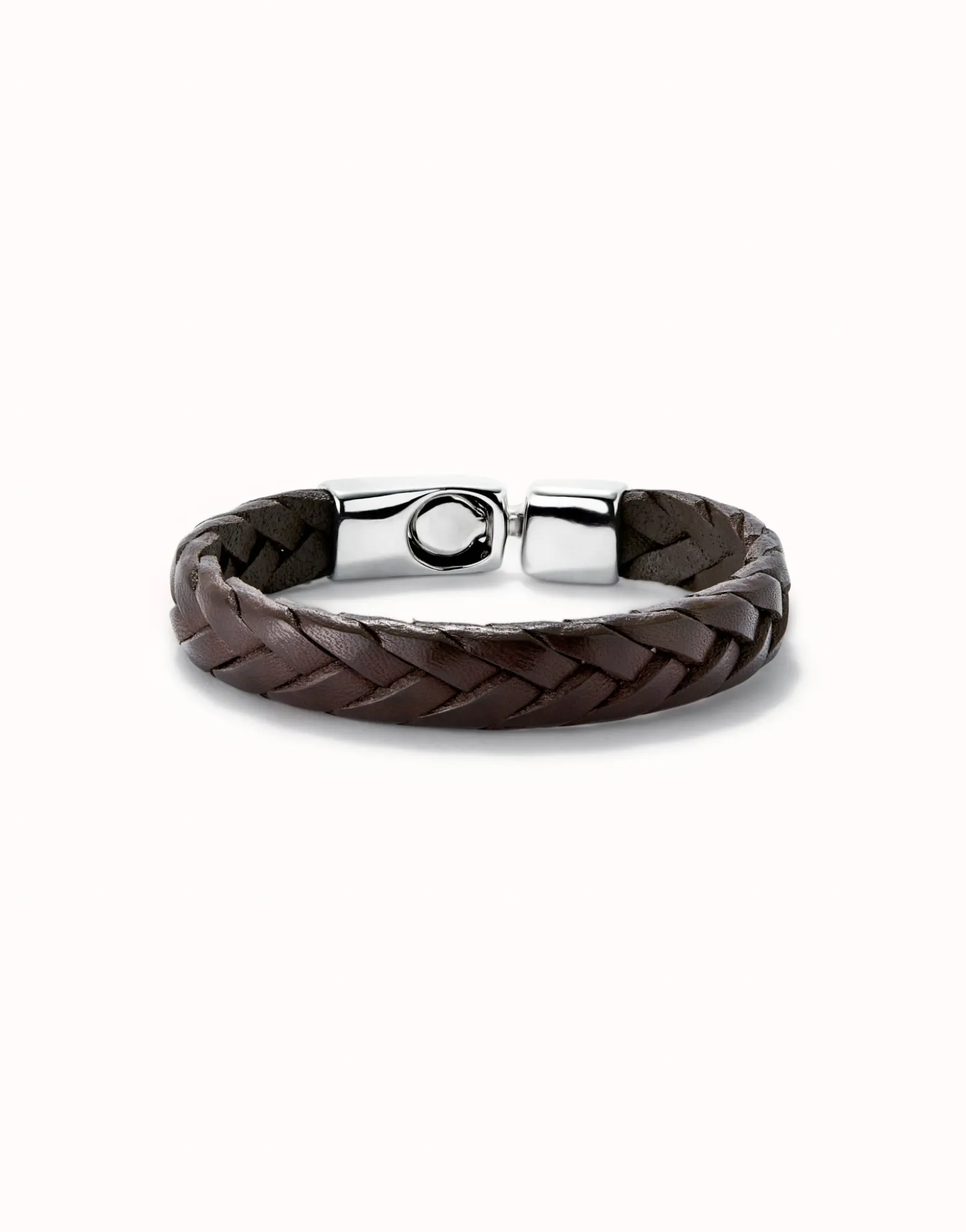 Pulsera cuero trenzada color coñac bañada en plata de ley
