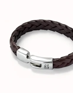 Pulsera cuero trenzada color coñac bañada en plata de ley