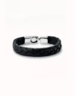 Pulsera cuero trenzada color negro bañada en plata de ley