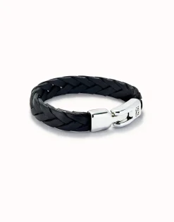 Pulsera cuero trenzada color negro bañada en plata de ley