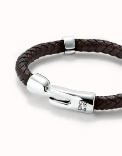 Pulsera cuero trenzada con 2 circunferencias bañadas en plata de ley