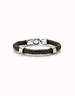 Pulsera cuero trenzada con 2 circunferencias bañadas en plata de ley