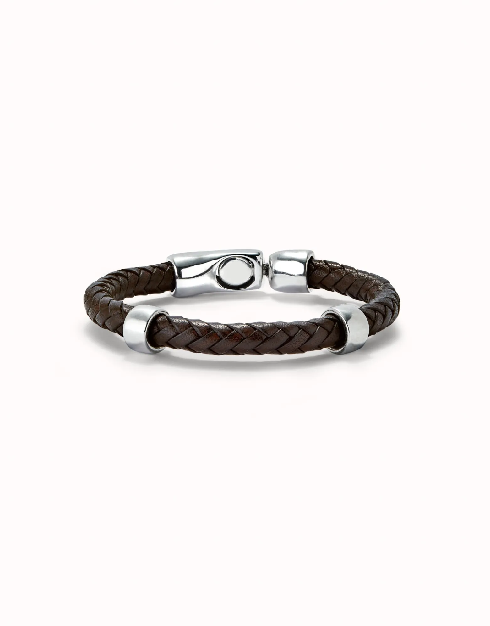 Pulsera cuero trenzada con 2 circunferencias bañadas en plata de ley