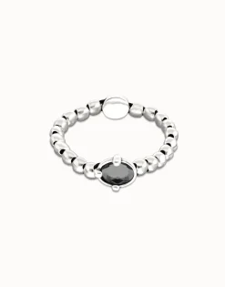 Pulsera de bolas bañada en plata con cristal facetado ovalado negro