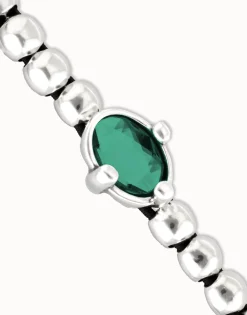 Pulsera de bolas bañada en plata con cristal facetado ovalado verde