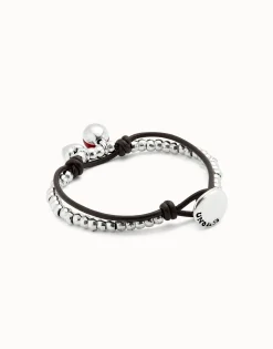 Pulsera de bolas bañadas en plata de ley con cuero y cristal rojo