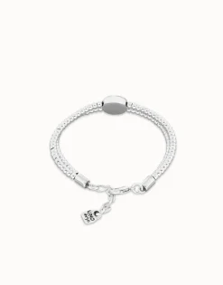 Pulsera de bolas doble bañada en plata de ley con detalle de ojo y cristal azul