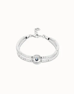 Pulsera de bolas doble bañada en plata de ley con detalle de ojo y cristal azul