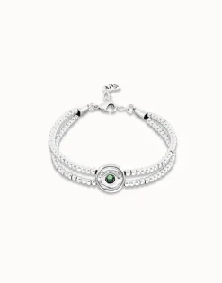 Pulsera de bolas doble bañada en plata de ley con detalle de ojo y cristal verde