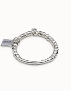 Pulsera de cuentas, pieza tubular y chapa con mensaje bañado en plata