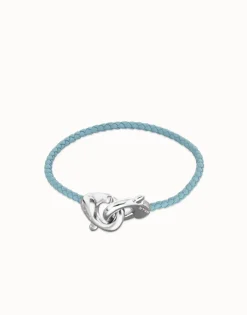 Pulsera de cuero azul con mosquetón entrelazado en plata
