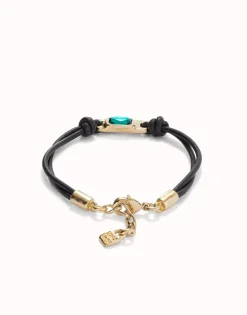 Pulsera de cuero bañada en oro 18k con cristal verde