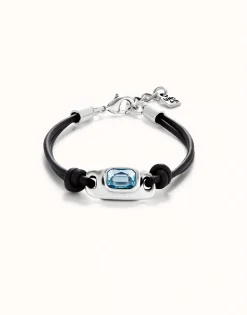 Pulsera de cuero bañada en plata de ley con cristal azul celeste