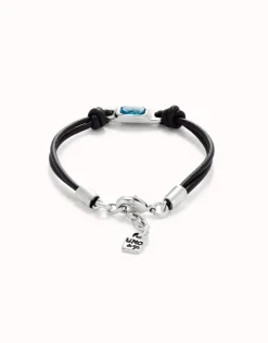 Pulsera de cuero bañada en plata de ley con cristal azul celeste