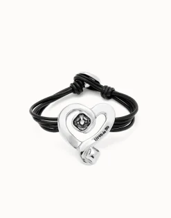 Pulsera de cuero con corazón bañado en plata de ley con cristal negro