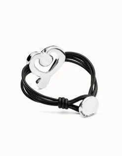 Pulsera de cuero con corazón bañado en plata de ley con cristal negro